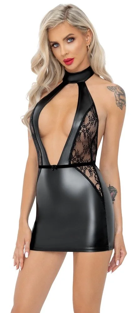 Noir Handmade Exklusives Kurzes Wetlook-Kleid – Bild 3