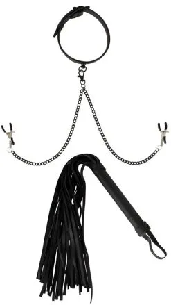 Vegan Fetish Halsfessel Mit Nippelklemmen Plus Peitsche